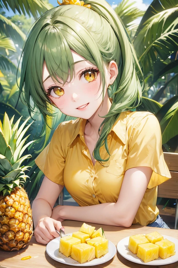 (eating style) (enjoy Cut pineapple), (solo:2, 15 yo), (beautiful ponytail) (glossy beautiful green hair long hair) (beautiful cute girl), (glossy lip, happy smile, best beauty yellow eyes), (medium tits), in a casual yellow tropical blouse, short pants, break, in the Nago Pineapple Park in Okinawa, master quality line up on table many Delicious looking pineapple cut into bite-sized pieces, BREAK, perfect anatomy, masterpiece, best quality, 16k, beautiful detailed grow, daydreaming expression.