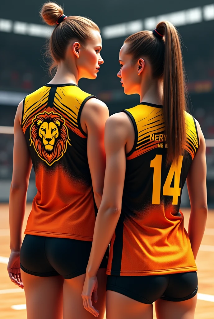 Let&#39;s create a volleyball team shirt.
Team Name Review.
Team mascot a Lion Player name Nery Player number 14 The team name and mascot are printed on the shirt on the front, on the back are the player&#39;s name and number.
Bring a futuristic style to the shirt in orange colors, yellow and black showing all sides of the shirt.
Bring front and back perspectives with two models, volleyball players with the shirts.