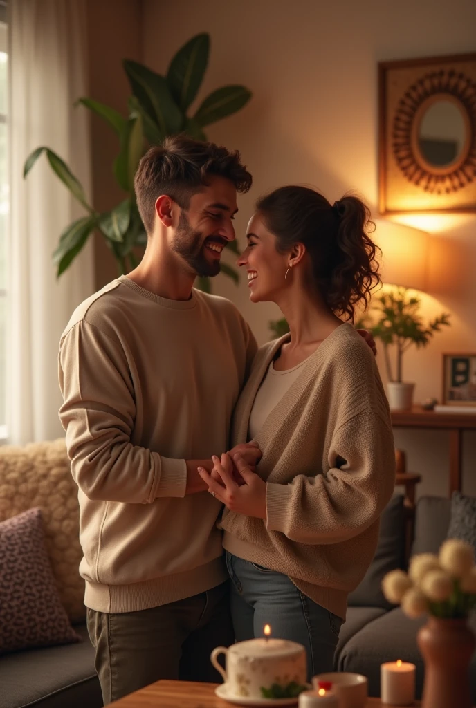A realistic happy person with commemoring by the other person in the living room, the peoples is a couple.