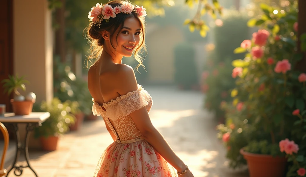 Ultra high quality,High heel,Long legs,Smile,Sunlight,Off-shoulder,Floral skirt,full-body shot,Wear flowers on your head,charming,Lace