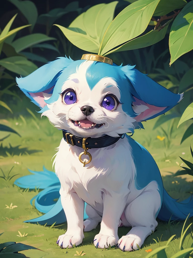 A small dog with alternating white, green, and blue fur. Its purple eyes look like they have stars inside. It has a gold ring on its head. It looks playful and mischievous.