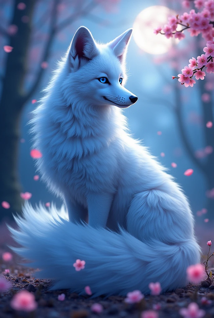 Beautiful nine-tailed fox、Cobalt blue eyes、Wrapped in a beautiful aura of pink and light blue、evening、I can see the moon、Cherry blossom petals fluttering、high resolution、Deep in the forest