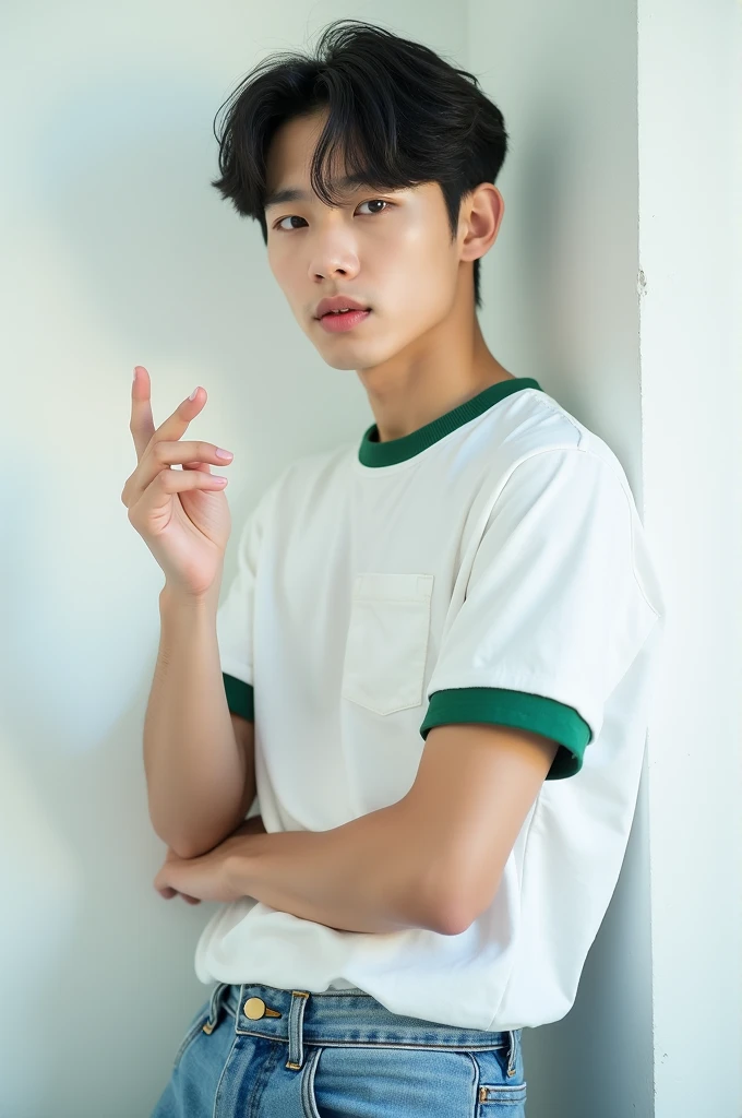 Realistic photo of a 22 year old Korean boy, neck length straight black hair, cute and very pretty face, thick lips, squashing eyes, Muscular and strong body, kpop idol, wearing a white shirt with green trim on the short sleeves tucked into loose baggy jeans, making hand gestures, leaning against the white wall with noises, posing to photo, POST for Instagram , looking straight ahead, Selfie, close-up