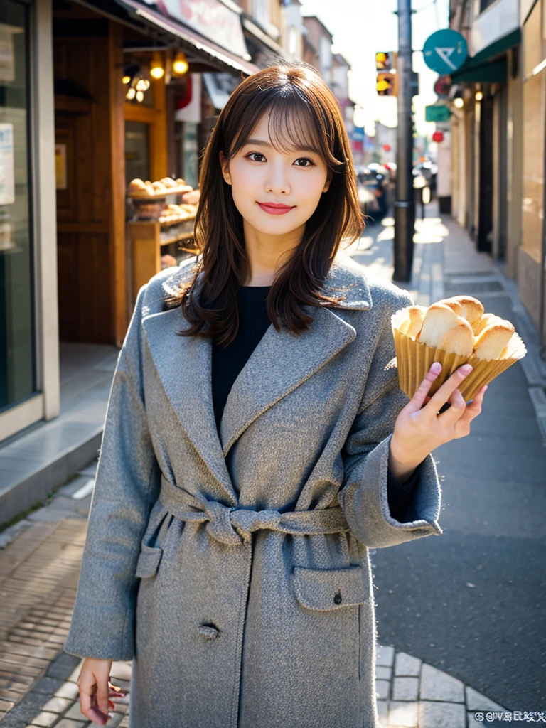 (8K, RAW photo, highest quality, masterpiece:1.3), (realistic, photo-realistic:1.4), (Highly detailed 8K wallpaper), sharp focus, Depth of written boundary,
japanese idol,very cute, (coat:1.3),(long hair: 1.3), Upper body, highly detailed face and eyes,((shiny skin:1.2)), cinematic lighting, soft light, blur background,( An old European village street in the early morning, cobblestone roads, with a bakery emitting a warm glow and inviting aroma.)