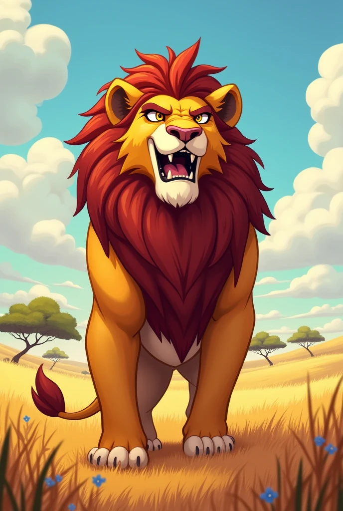 Detailed picture of a confident male anthro, (Lion) standing proudly on the middle of the savanna, roaring with his mouth wide open. trending on Art Station, Ross Tran, ruan jia, foxovh, ((determined expression, cartoon