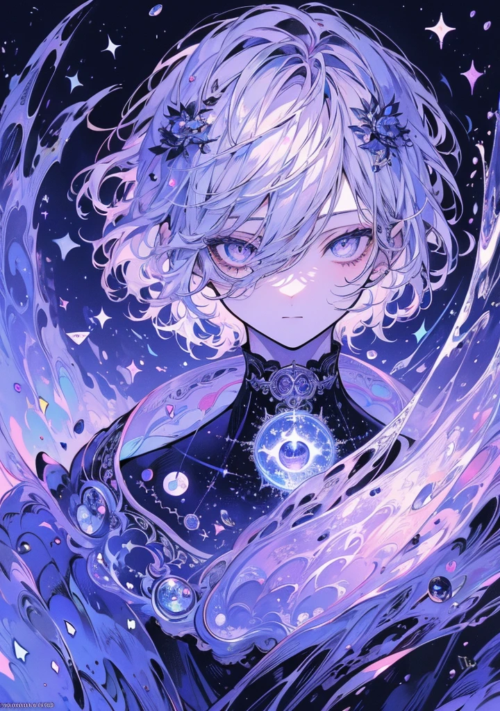 (Absurd, High resolution, Super detailed), 1 male, Adult, good looking, Detailed eyes and face, Night Sky, Moon \Tarot\, Symbolism, Visual Arts, occult, universal, Vision Casting, Philosophical, Iconography, Number secrets, Popularity, artistic, Alfon Mucha, short hair,