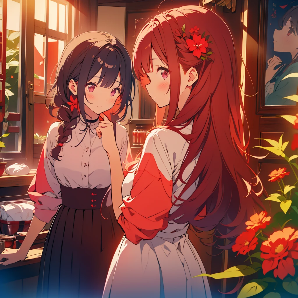 Red salvia flowers、Two girls、A good friend