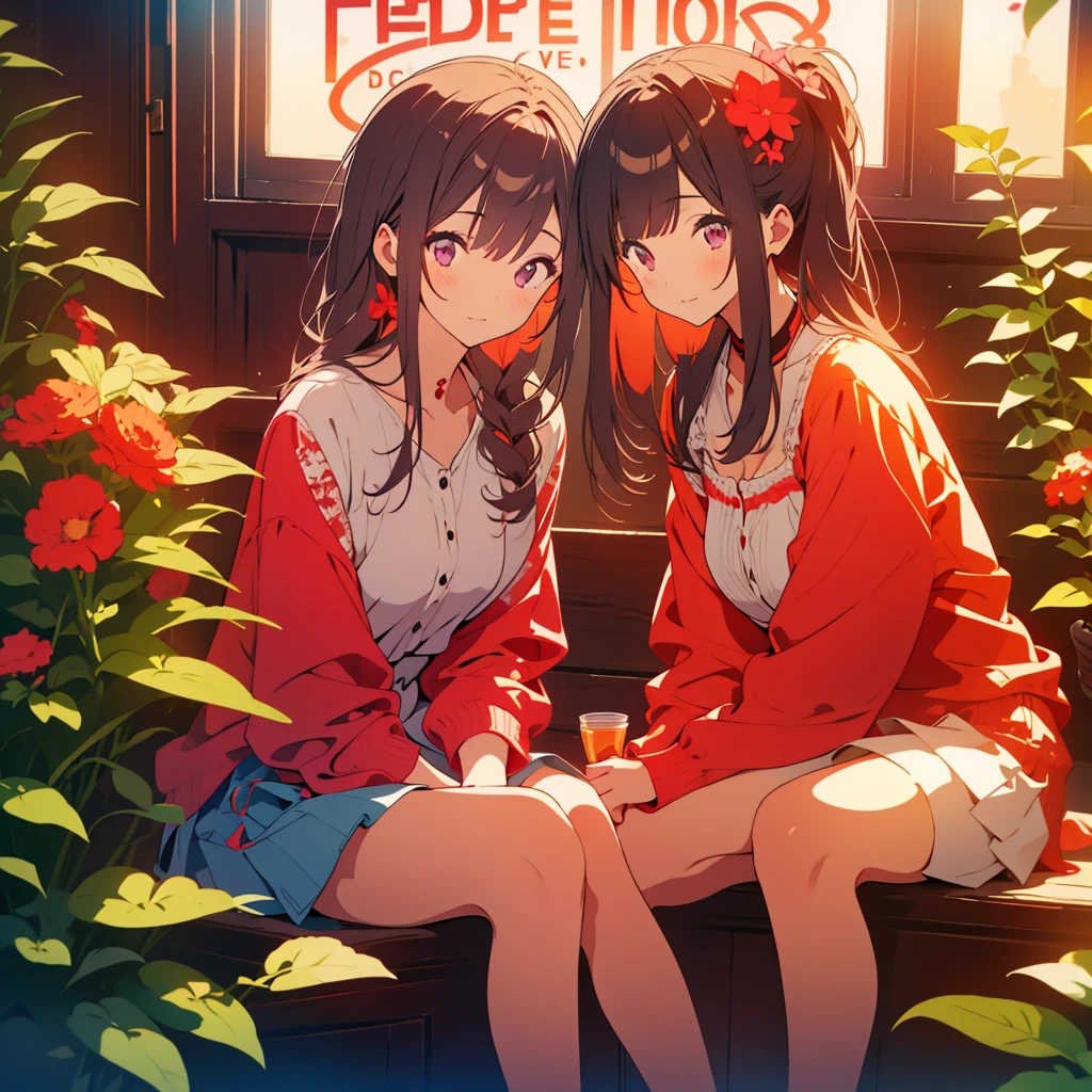 Red salvia flowers、Two girls、A good friend