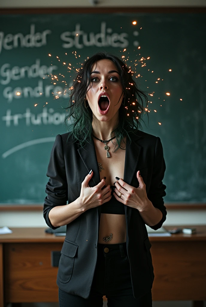 A sexy emo girl screaming in front of a classroom. A blackboard behind her says "Gender Studies" written in chalk. Holding her tits in her hands. She os surrounded by sparks of magic