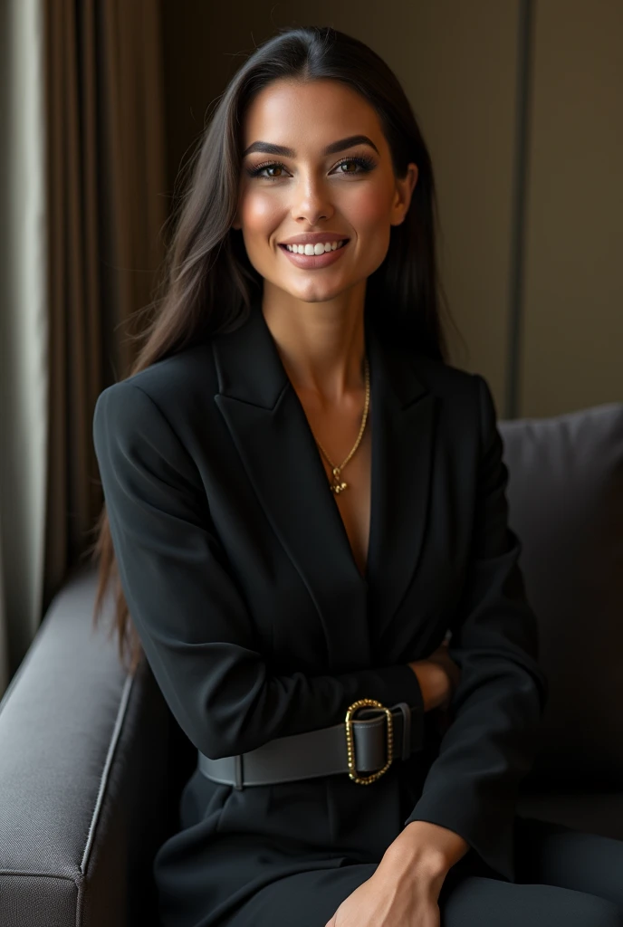 best quality, expressive eyes, perfect face, full body, black long dress, gray buckle, with a villa buckle, black accessories, black pointed shoes, 1 woman, intricate details, made up, smiling, gorgeous look, sitting on a furniture, professional business style, Lola style, Lola outfit, Luxury fashionable details
