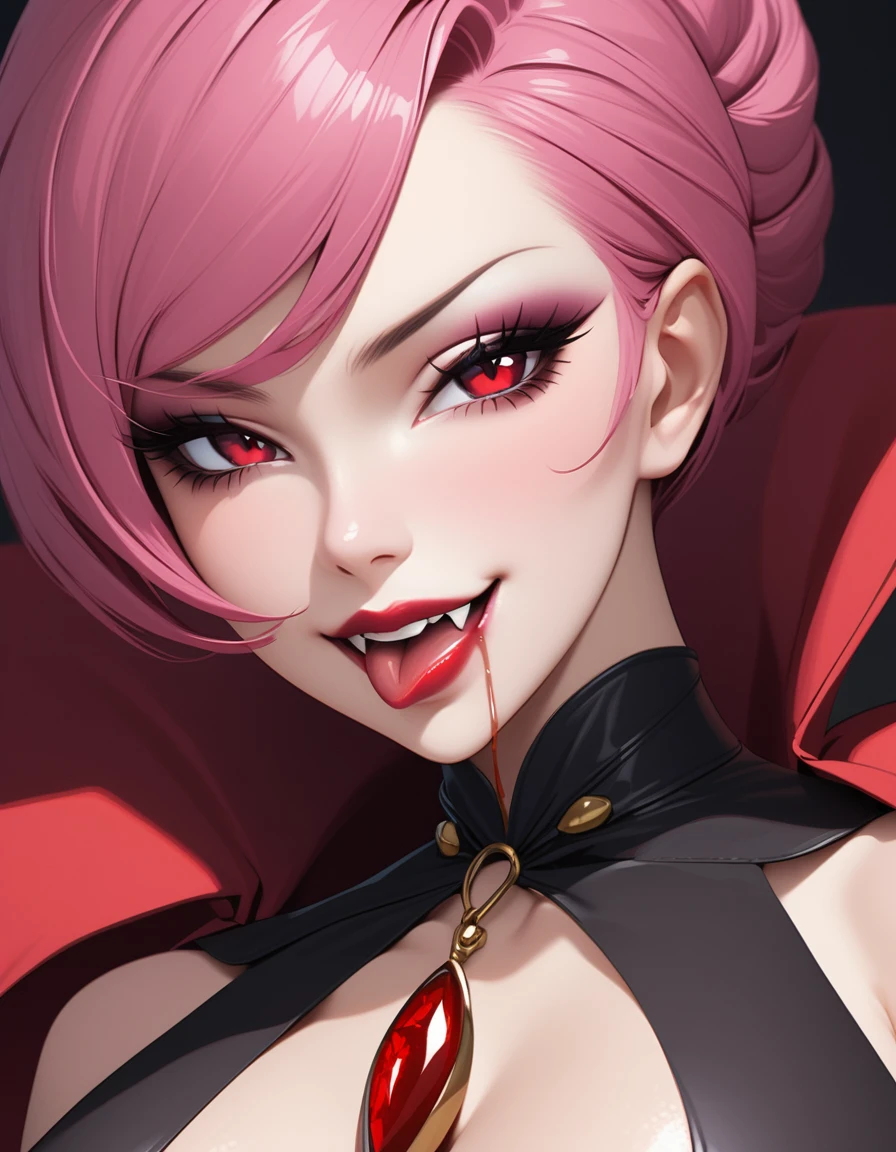 nsfw, 1lady, solo, mature adult woman, evil MILF, lady from hell, vampire beauty, femme fatale, evil apostle of darkness, peerless beauty, a Vampire Kiss, (A evil smile that lifts the corners of her mouth:1.3),(Dark red lips, glossy lips), Fangs, tongue, saliva, Focus only on the mouth, Woman mouth close up, from front, perfect anatomy, ideal facial features, ideally proportioned figure, perfectly beautiful body, super detailed skin, glossy skin, masterpiece, incredibly absurd res, absolutely resolution, ultra high res,