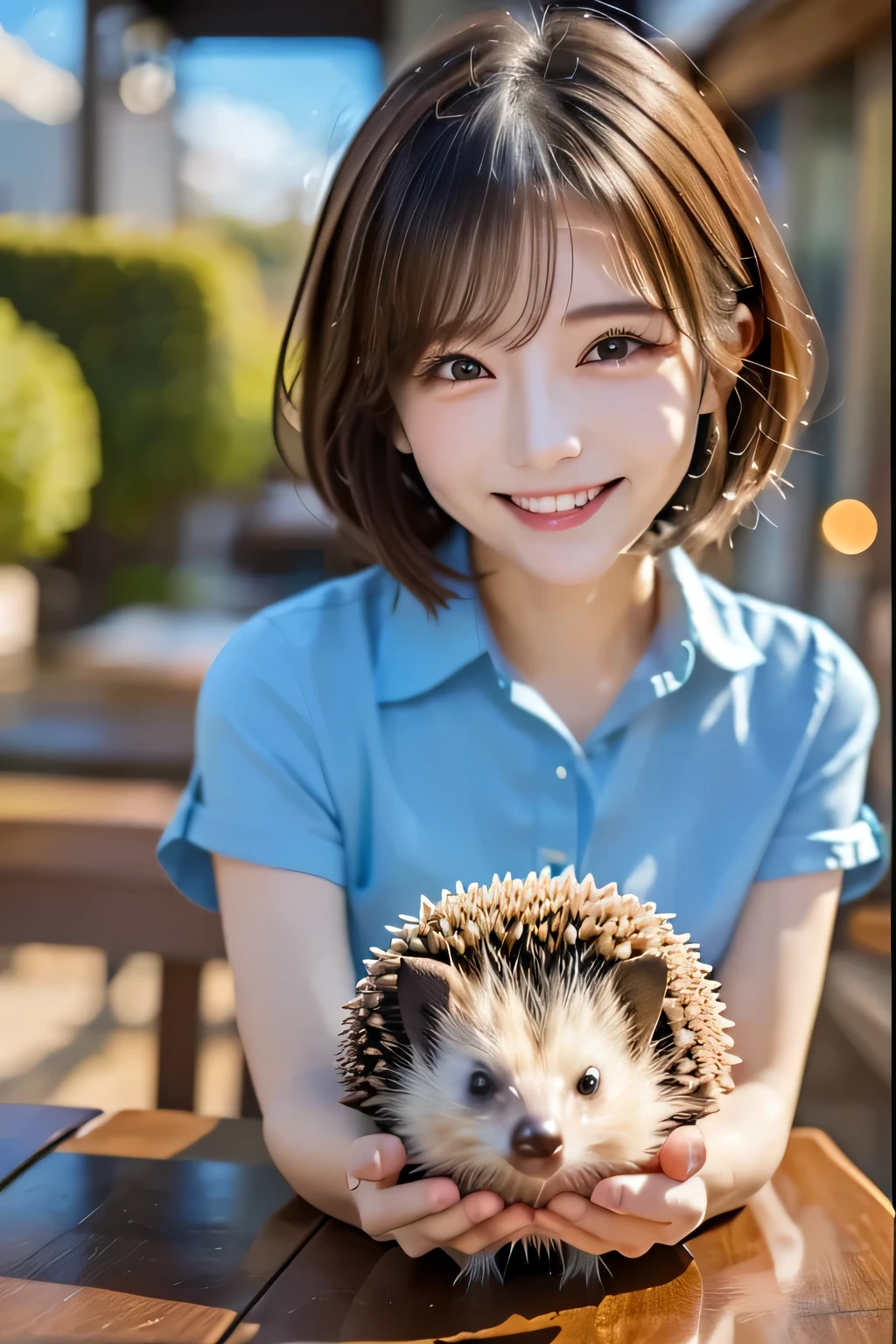 ((Highest quality)), ((masterpiece)), (detailed), ((Highest quality))、Perfect Face, Japanese、2、woman、smile、Light Brown Hair、Perfect Anatomy、Anatomically correct body、White collared shirt、((blue sky))、Holding a hedgehog、((Kissing a hedgehog))、((Looking at the hedgehog he is holding))、Cute hedgehog,High definition hedgehog、Fat hedgehog、