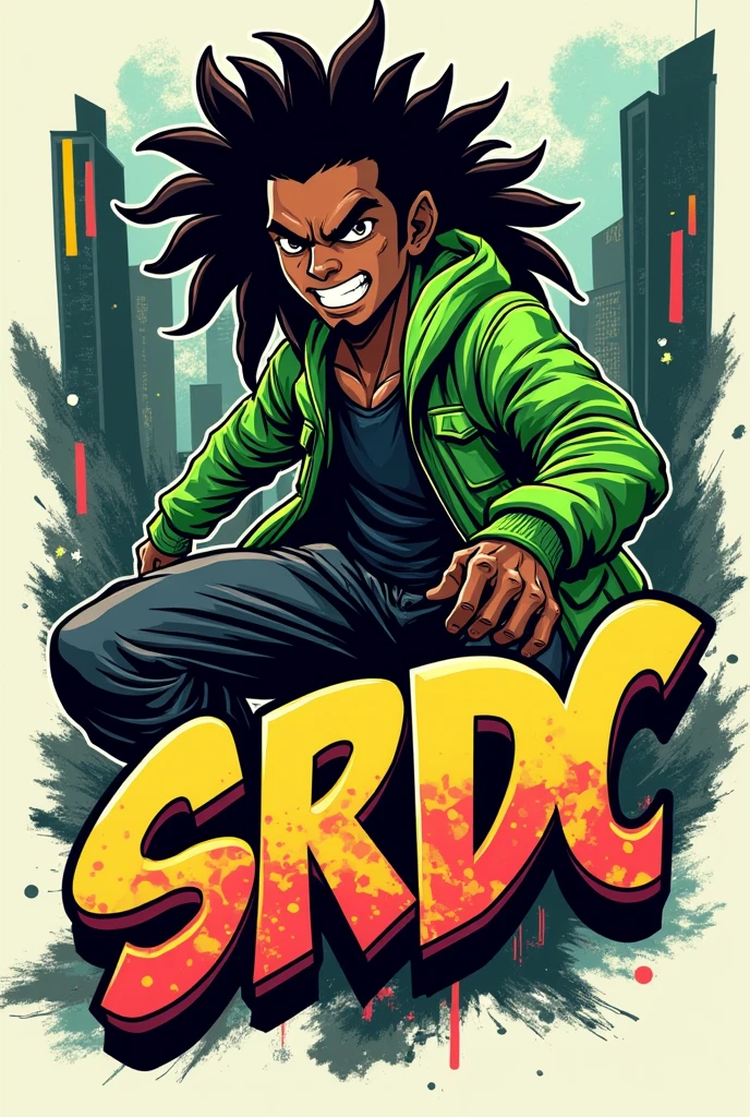 Logo,"SRDC" , roller dance, street dance, manga black man, long hair, green Jacket