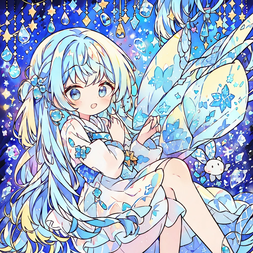 Long Hair, bangs, Blue Hair/Light blue hair, snowflake hair accessories,Twin tails,Headpiece, 