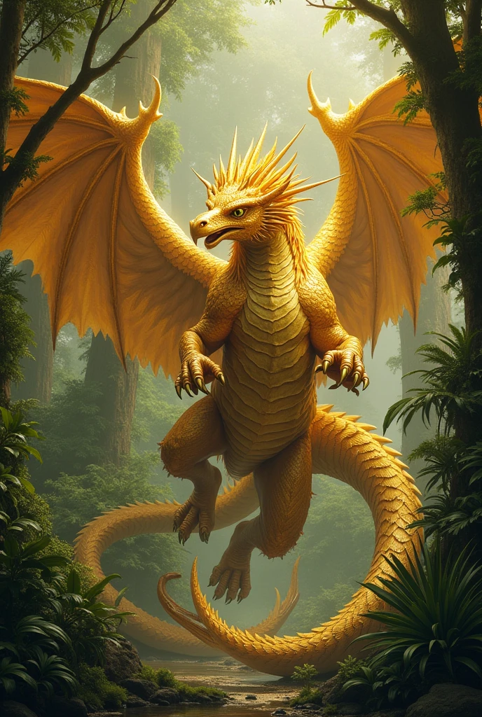 Gold dragon grip and bite a gold garuda in a jungle