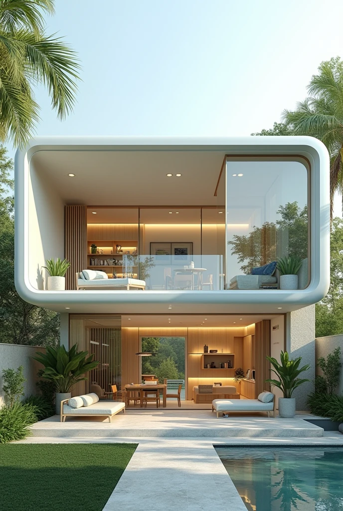 {Subject: High-tech modular home with reconfigurable rooms} 
A photorealistic image of a futuristic modular home where rooms and walls can be expanded, contracted, or moved according to the user’s needs. The home features smart walls that serve as digital displays or soundproof barriers, and furniture that transforms from a sofa into a bed or a desk. Smart lighting adjusts to the room’s configuration, creating the perfect ambiance for any activity. The exterior includes solar panels and self-cleaning surfaces. The design incorporates natural greens and earthy tones with cool whites and light grays, creating a clean, modern look with high-tech materials like smart glass and energy-efficient composites.

{Image Type: Photorealistic} 
A modern, adaptive aesthetic that highlights the versatility and sustainability of the modular home. The image focuses on the reconfigurable aspects of the space and the seamless integration of smart technology.

{Art Style Keywords: Photorealistic, Modern, Modular, Smart Home, Sustainable Design}

{Lighting: Dynamic, integrated lighting} 
Dynamic, integrated lighting is used to enhance the fluid transitions between different room setups and highlight the modern, adaptive design.

{Camera and Shot Details: High-resolution, front-facing shot} 
A high-resolution, front-facing shot captures the versatility of the modular home, showcasing the reconfigurable spaces and the smart technology.

{Render: Photorealistic, 4K resolution}
A photorealistic render in 4K resolution ensures every aspect of the modular home and its smart features is depicted with exceptional clarity.
