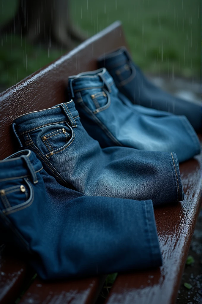 3 men jeans.Of different colour overlap each other laying on wooden dark bench in rain