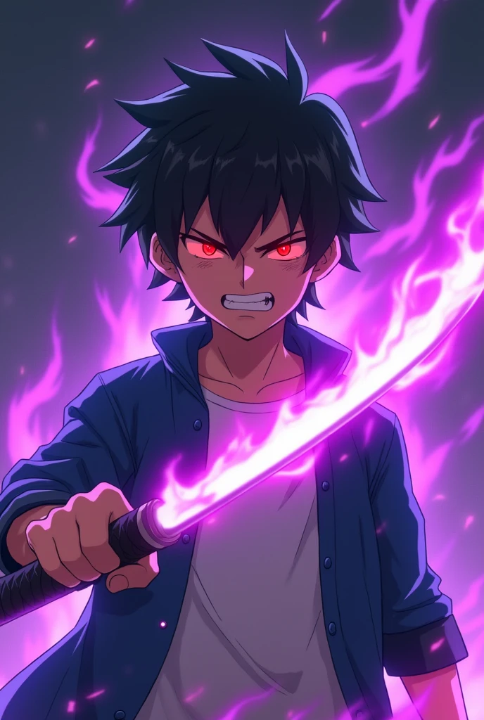 A black hair brown eyed anime boy wearing a white t shirt and a blue jacket is looking forward with an angry look in his eyes he is holding a katana that katana has purple flames and the boy's eyes have red flames