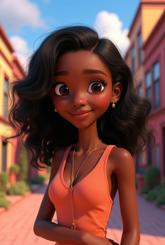 Create a Disney Pixar style character, a 19 year old girl, Bullish, black, wavy hair half curly, long black , eyes black, slightly plump lips, slim, Nose not so big