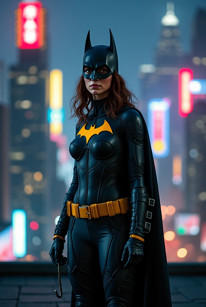she is standing on a rooftop at night, overlooking the cityscape, wearing a (Batgirl costume with intricate details:1.6), holding a grappling hook and utility belt, looking out over the city, eyes narrowed in determination. The skyline behind her is lit up by neon signs and towering skyscrapers. (Nighttime atmosphere:1.5). Soft focus on her face, slight blur on the background.