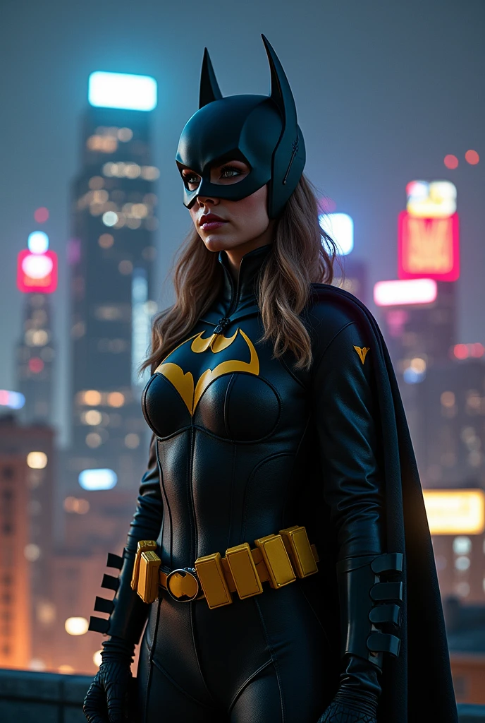 she is standing on a rooftop at night, overlooking the cityscape, wearing a (Batgirl costume with intricate details:1.6), holding a grappling hook and utility belt, looking out over the city, eyes narrowed in determination. The skyline behind her is lit up by neon signs and towering skyscrapers. (Nighttime atmosphere:1.5). Soft focus on her face, slight blur on the background.