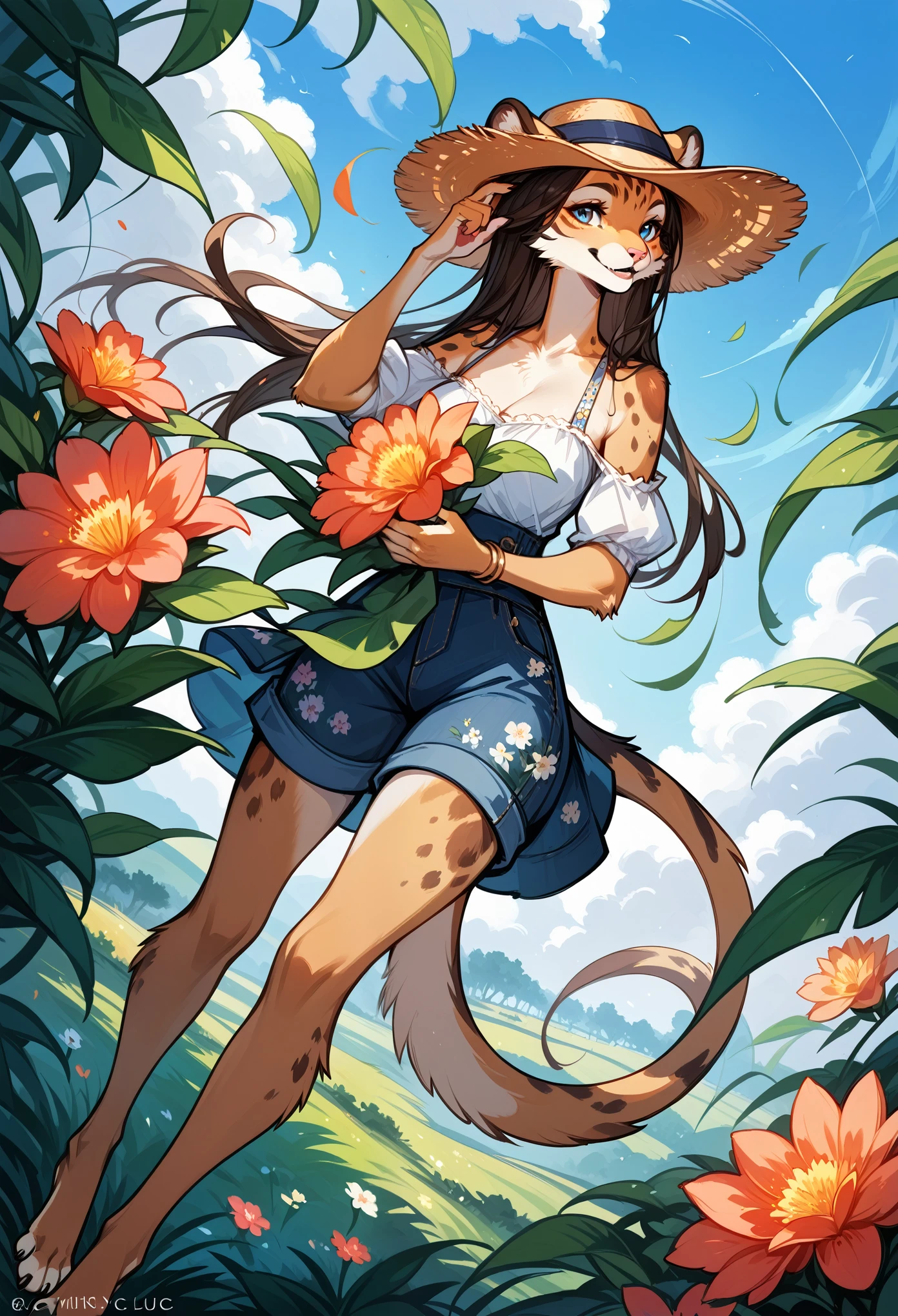 rating_safe, score_9, score_8_up, score_7_up, score_6_up, score_5_up, score_4_up, hires, source_furry(one scene of movie)nature, farm, Blue sky, clouds, florals Beautiful garden(furry anthro, solo, girl, casual fashion, Relux pose, Smile)cinematic lighting, dynamic angle,
