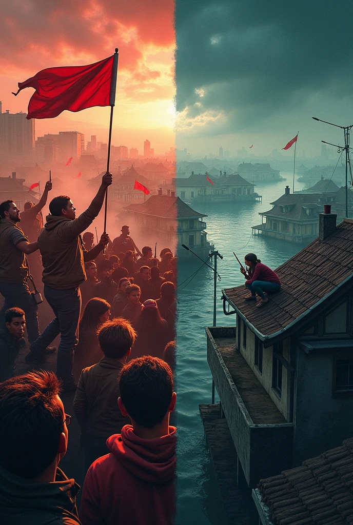 Create an image divided into two powerful scenes:

- **Left Side:** A vivid and intense portrayal of the **Bloody July** protests against a dictator government. The scene should depict determined protesters clashing with heavily armed forces, banners and flags raised high, streets filled with tear gas, and the red of blood symbolizing the cost of fighting for freedom. The atmosphere is tense, with dark clouds overhead, representing the oppression and struggle.

- **Right Side:** A contrasting yet equally dramatic depiction of the **Floody August** disaster, showing the devastating effects of floods caused by India's dam opening without notice. Submerged homes, people wading through waist-deep water, desperate families seeking refuge on rooftops, and a background of raging waters overwhelming everything in its path. The scene should convey the feeling of betrayal and despair, with the water tinged with darkness to reflect the anger and sorrow of the people.

The overall mood should be somber yet resilient, with a seamless transition between the two scenes, highlighting the ongoing struggle and suffering.