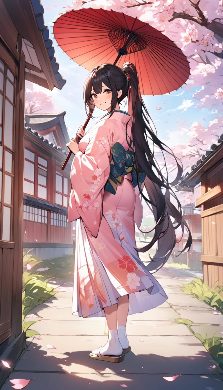 One Woman、beautiful girl、after school、evening、kimono、kimono、ponytail、Straw sandals、School、Back of the school building、spring、Cherry tree々、Cherry blossom petals fluttering、Long Hair、Highest quality、Ultra HD、Black Hair、smile、8 heads、White tabi socks、Japanese Umbrella、Smile