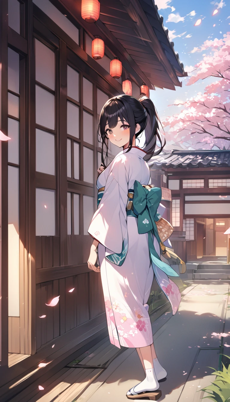 One Woman、beautiful girl、after school、evening、kimono、kimono、ponytail、Straw sandals、School、Back of the school building、spring、Cherry tree々、Cherry blossom petals fluttering、Long Hair、Highest quality、Ultra HD、Black Hair、smile、8 heads、White tabi socks、Japanese Umbrella、Smile