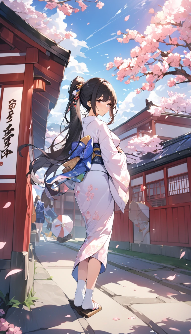 One Woman、beautiful girl、after school、evening、kimono、kimono、ponytail、Straw sandals、School、Back of the school building、spring、Cherry tree々、Cherry blossom petals fluttering、Long Hair、Highest quality、Ultra HD、Black Hair、smile、8 heads、White tabi socks、Japanese Umbrella、Smile