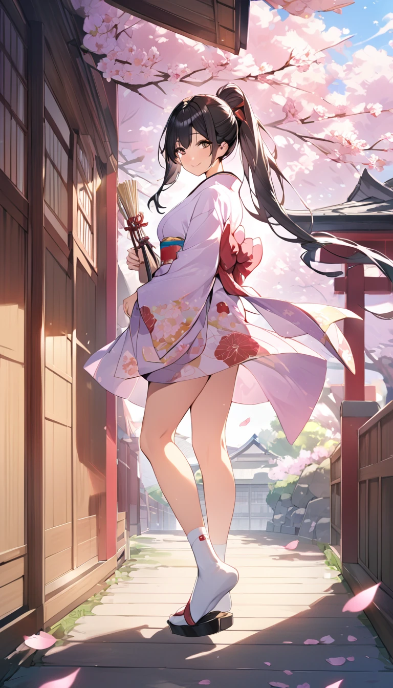 One Woman、beautiful girl、after school、evening、kimono、kimono、ponytail、Straw sandals、School、Back of the school building、spring、Cherry tree々、Cherry blossom petals fluttering、Long Hair、Highest quality、Ultra HD、Black Hair、smile、8 heads、White tabi socks、Japanese Umbrella、Smile