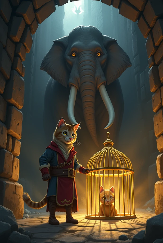 **Captain Whiskers Rescuing Paws:**
- Inside the dimly lit fortress, Captain Whiskers stands in front of a golden cage holding his small daughter, Paws. The cat-warrior has a focused expression as he unlocks the cage, while in the background, the giant elephant, Titan, appears in the doorway, blocking the only exit. The scene is tense, with both characters ready for action.