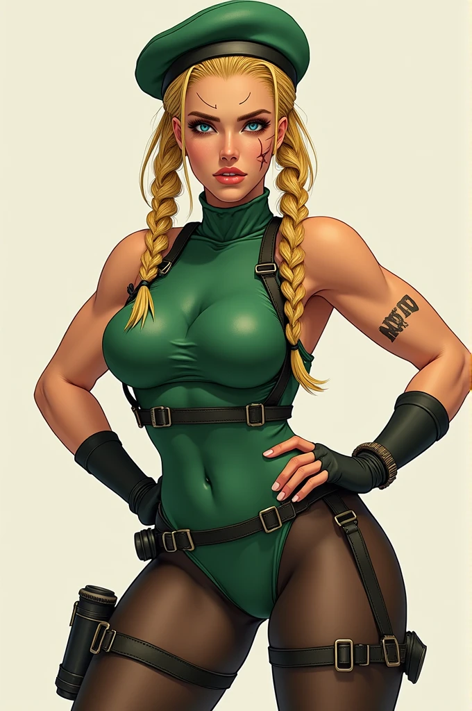 masterpiece,best quality,extreme detail,8k,cammyfn,1girl,solo,long hair,blonde hair,gloves,hat,braid,pantyhose,fingerless gloves,twin braids,leotard,beret,scar,antenna hair,holster,harness,green leotard