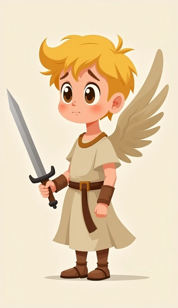 The Archangel Michael, worried, full body, blonde hair, wearing a tunic, brown eyes, in profile in battle order with a sword in his hand, wings open, children's cartoon style, minimalist