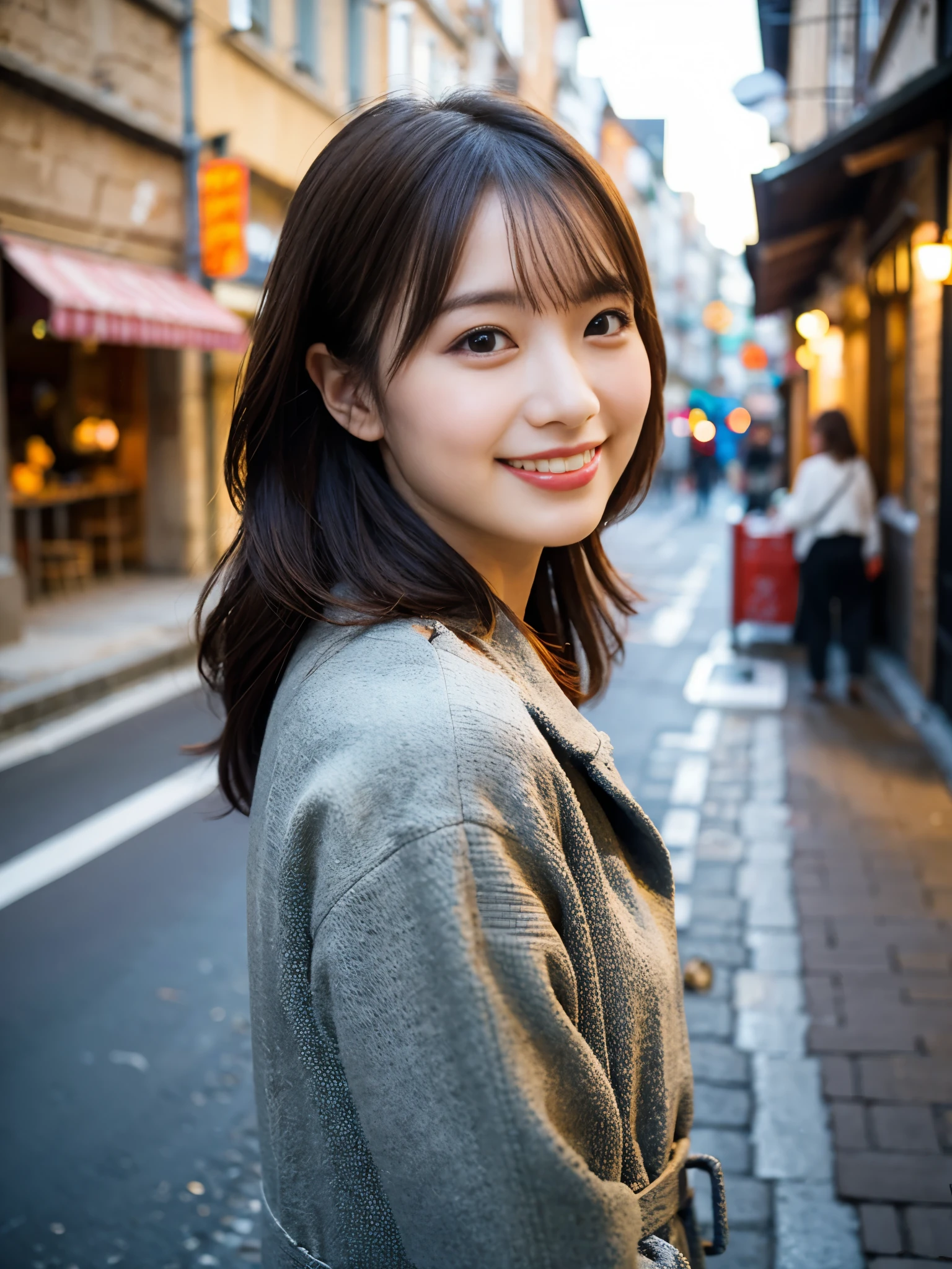  (8K, RAW photo, highest quality, masterpiece:1.3), (realistic, photo-realistic:1.4), (Highly detailed 8K wallpaper), sharp focus, Depth of written boundary,
 japanese idol,very cute, (coat:1.3),(long hair: 1.3), Upper body, highly detailed face and eyes,((shiny skin:1.2)), cinematic lighting, soft light, blur background,( An old European village street in the early morning, cobblestone roads, with a bakery emitting a warm glow and inviting aroma.)