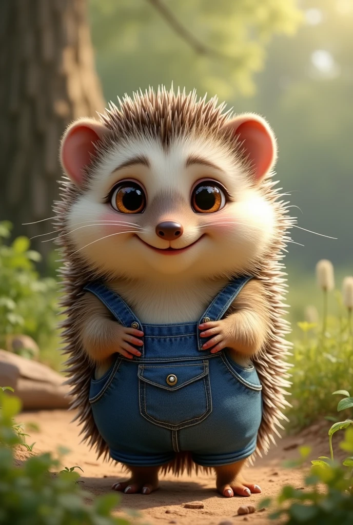 A small hedgehog standing facing forward with its front legs raised。Realistic feel。
Big eyes with a cute, human-like expression。Slightly larger head than body。limbs are short。Smiling。
Wearing denim。Glossy texture。
The background is nature
