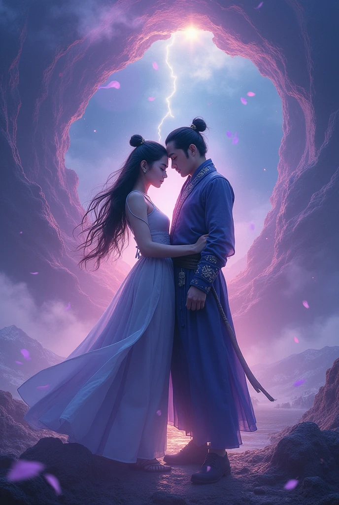 Make a movie poster for Korean actress Kim Jiwon(girl) and korean actor Kim Soohyun(boy) that is similar with Chinese Action Romance Fantasy shows. If possible, purple themed background