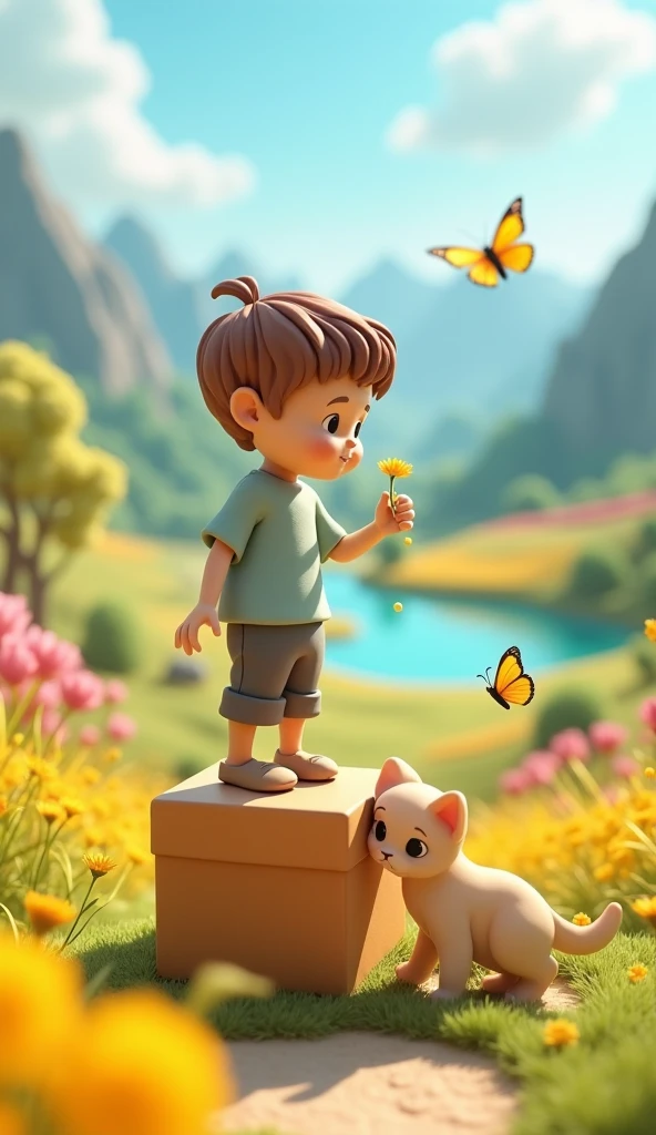 3d scene is created, a cute stands on tiptoe on a tall square box, a kitten snuggles up to the boy's heel, carefully observing the yellow tip of the plant several large dew drops fall from the top of the leaf, the leaf and dew are close-up, surrounded by yellow grass, two butterflies are dancing, super cute clay world, isdistant view, Lovely clay-ice frame animation with lovely peaks, streams, fur-edged grass in the background, brightly colored landscapes, colorful flower fields, turquoise lakes, gold and red fields and mountains, sloping movement, excellent lighting, volume, landscape, brush rendering, 3D, super detail 16k