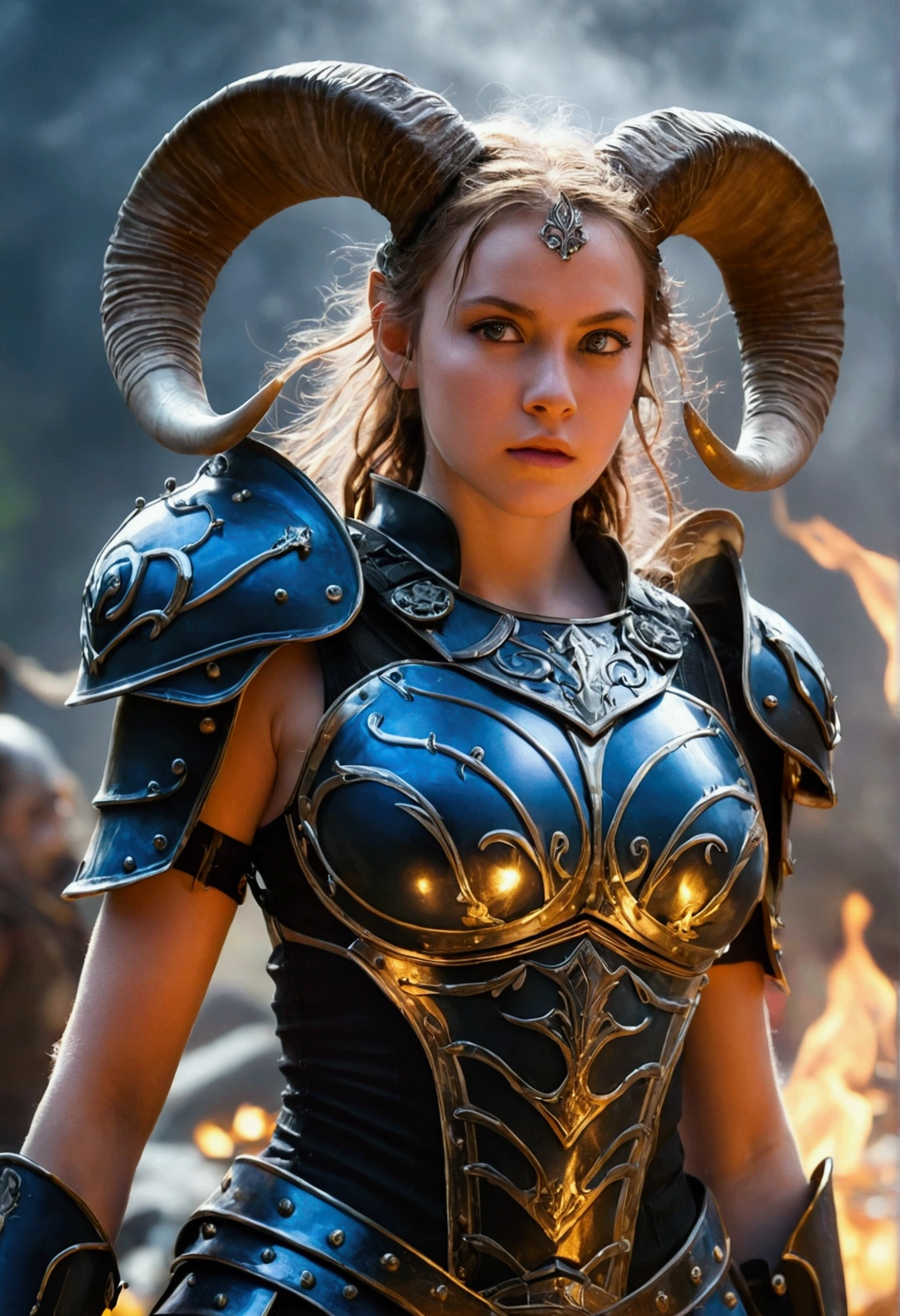 teenage girl, full plate armor, sweaty hair, Ancient battlefields, big breasts, Ram horns growing from his head, background blur, Glitter effect on background, movie lighting effects, Join hands, Burning castle in the background, countless flames in the background, sparkling eyes, Casting spells, Close ~ eyes, Ball of light on abdomen, A ball of light in front of the stomach, tilt one&#39;s face, blue flame, pillar of light, flying in the sky, Jet black wings grow, highly detailed face, Beautiful and well-proportioned face, beautiful skin, Flying, Supermodel proportions, , Rainy nights, Cast a spell, witch, separate armor, Lightning is falling, beautiful hair, pointed ears
