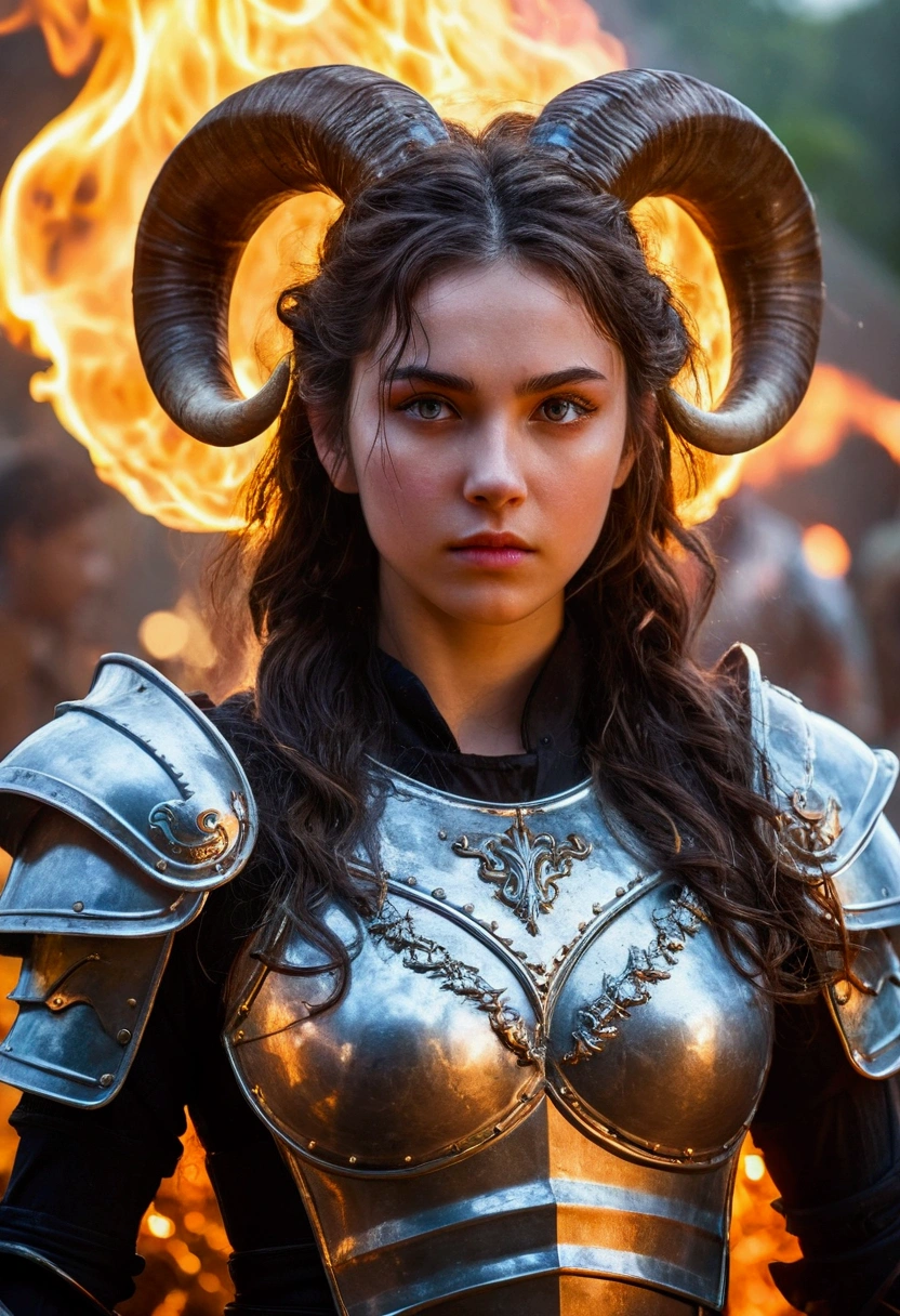 teenage girl, full plate armor, sweaty hair, Ancient battlefields, big breasts, Ram horns growing from his head, background blur, Glitter effect on background, movie lighting effects, Join hands, Burning castle in the background, countless flames in the background, sparkling eyes, Casting spells, Close ~ eyes, Ball of light on abdomen, A ball of light in front of the stomach, tilt one&#39;s face, blue flame, pillar of light, flying in the sky, Jet black wings grow, highly detailed face, Beautiful and well-proportioned face, beautiful skin, Flying, Supermodel proportions, , Rainy nights, Cast a spell, witch, separate armor, Lightning is falling, beautiful hair, pointed ears