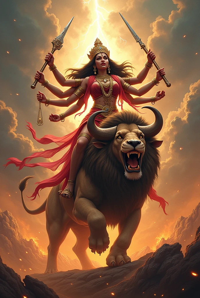 Raging image of maa durga standing on lion and fighting with Mahishasura