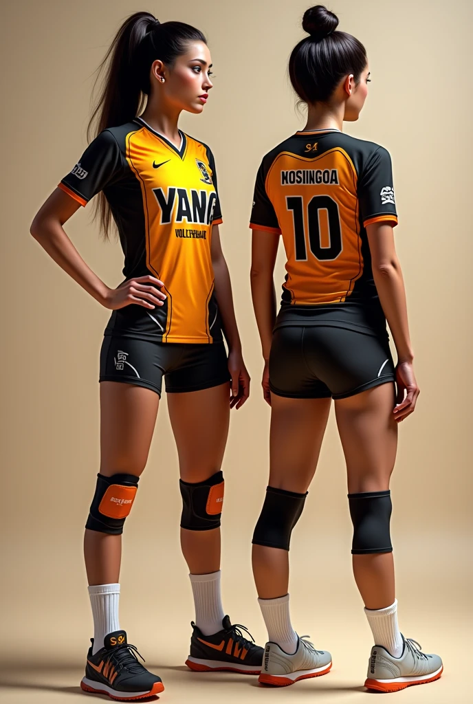 Let&#39;s create a volleyball team shirt.
Team Name Review.
Team mascot a Lion Player name Nery Player number 14 The team name and mascot are printed on the shirt on the front, on the back are the player&#39;s name and number.
Bring a futuristic style to the shirt in orange colors, yellow and black showing all sides of the shirt.
Bring front and back perspectives with two models, volleyball players with the shirts.
I need to see the shirts in full.