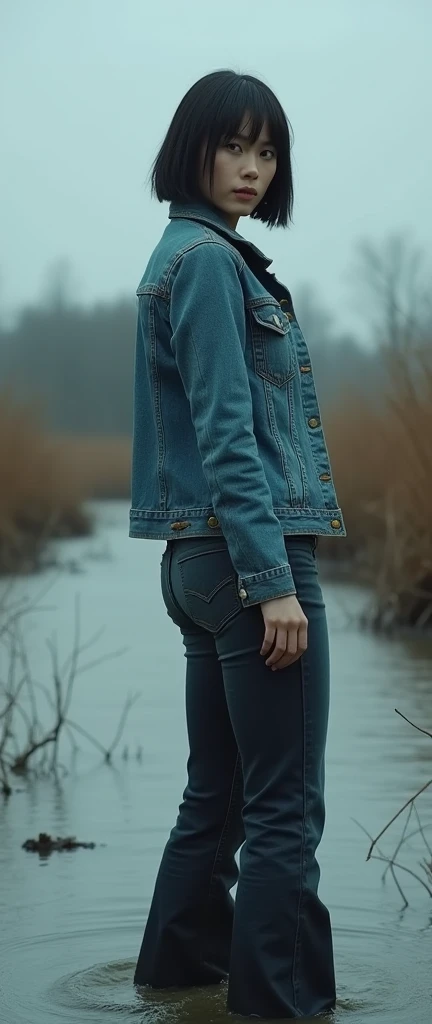 woman, in tight denim jacket, cold weather, flared dark washed faded jeans, stuck in bog, bob-cut, turns around