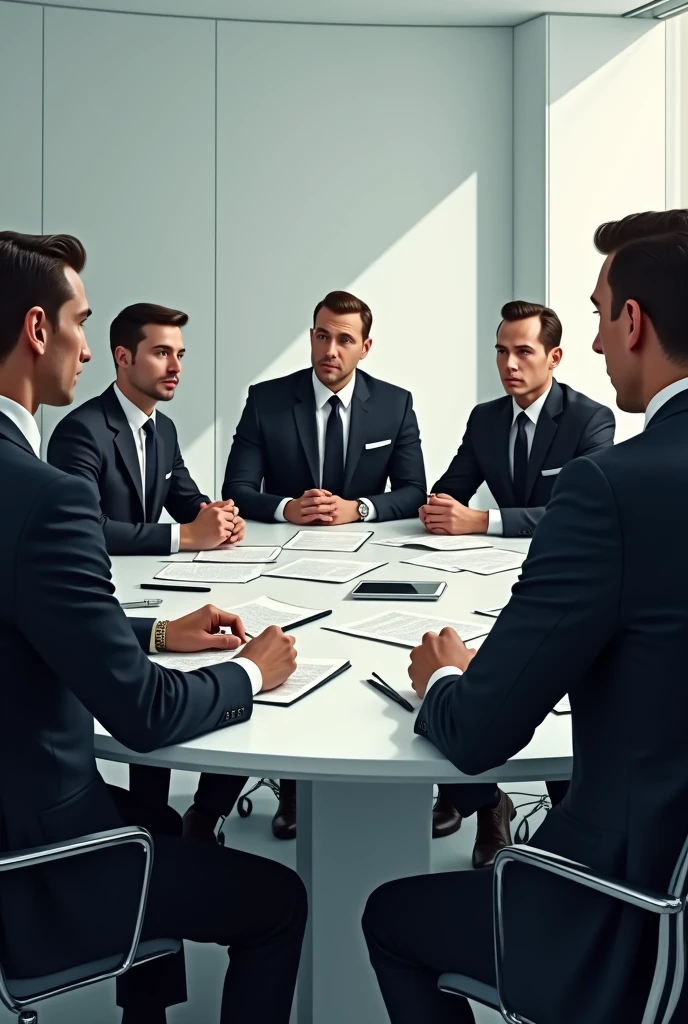 5 men in suits without beard sitting at a table with computers and various papers on the table