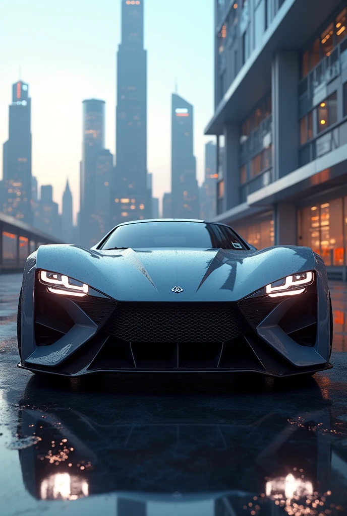 Cool crazy car with unique headlights hd gorgeous looks buildings behind high-tech