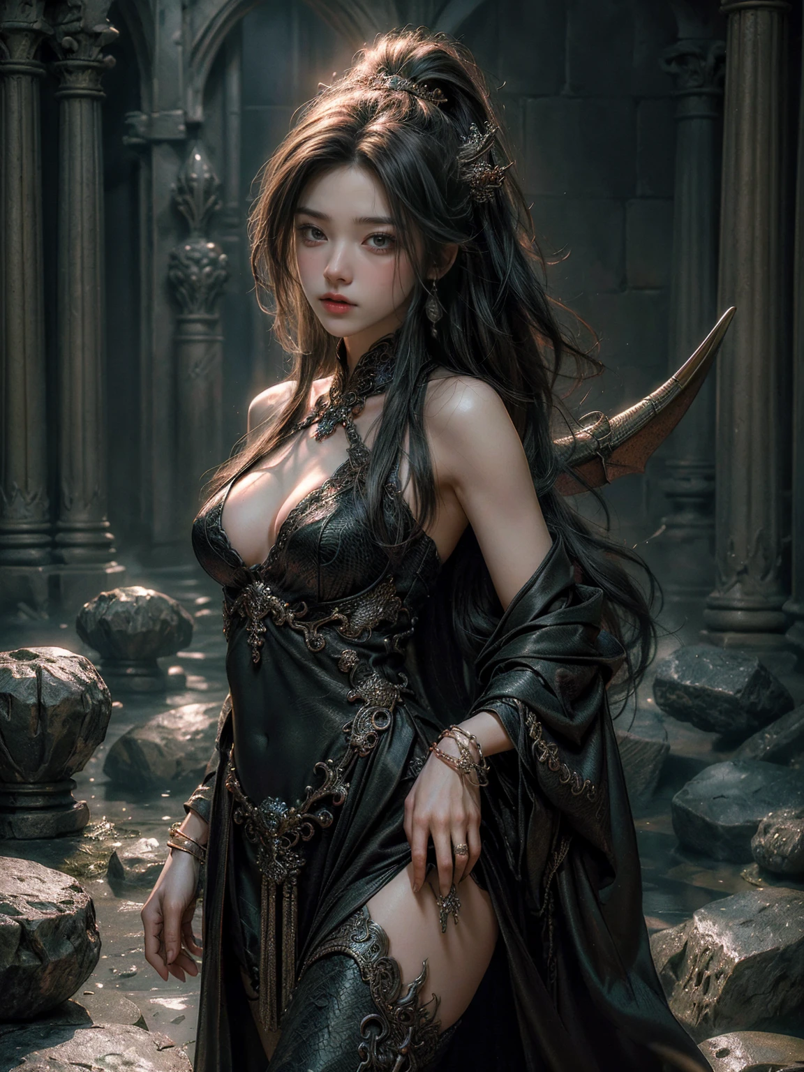 ((Masterpiece, Highest quality, Highest picture quality, high resolution, realistic, raw photos, 8ก)), dungeon & dragon, Large stone hall, นักรบหญิงต่อสู้กับdragonยักษ์ที่พ่นไฟ,