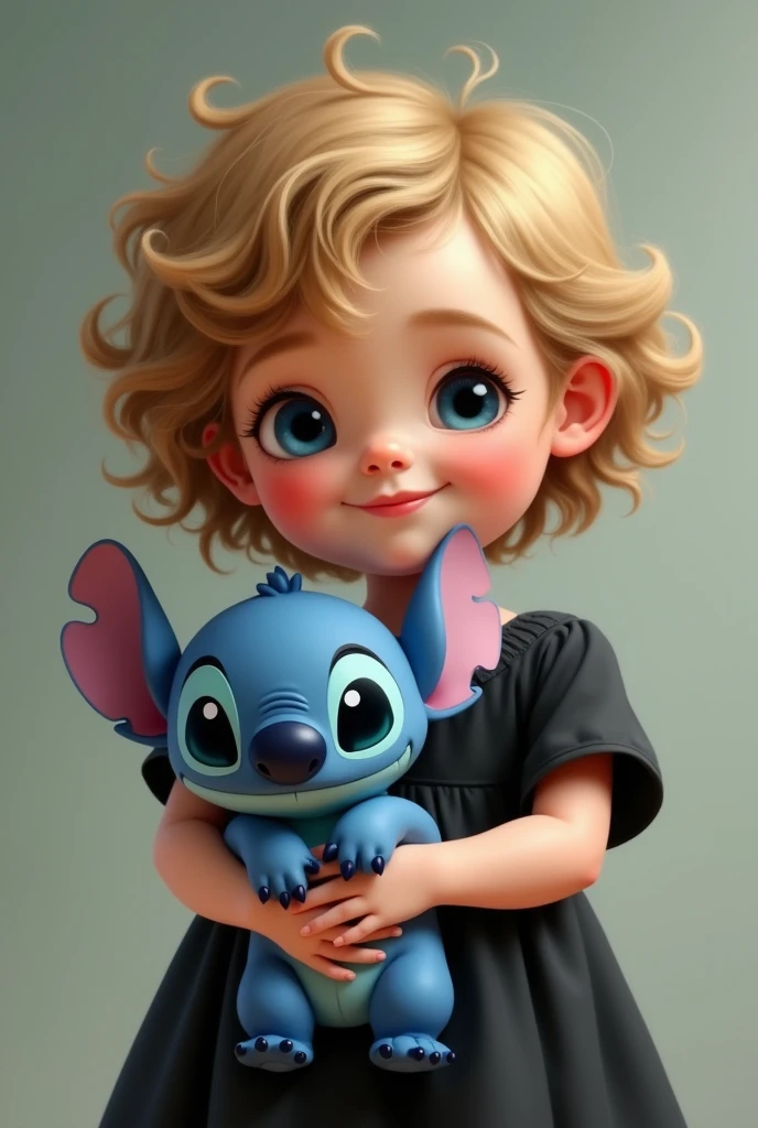 A blonde girl with slightly short curly hair wearing a black dress, a little chubby (not a lot) holding a blue stitch plush