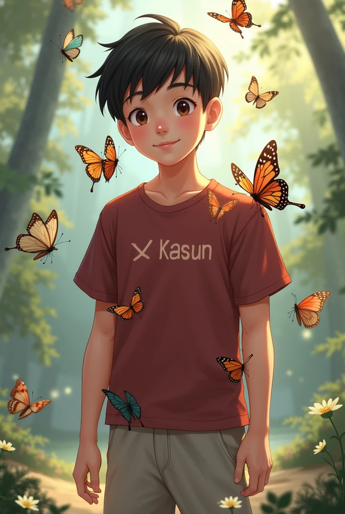 A elder single boy wearing a ash colour short and marron colour t-shirt. Printed "Kasun" on the t-shirt he is smiling wel.some butterflys are flying around him, and they comes in his body.he os lokk it