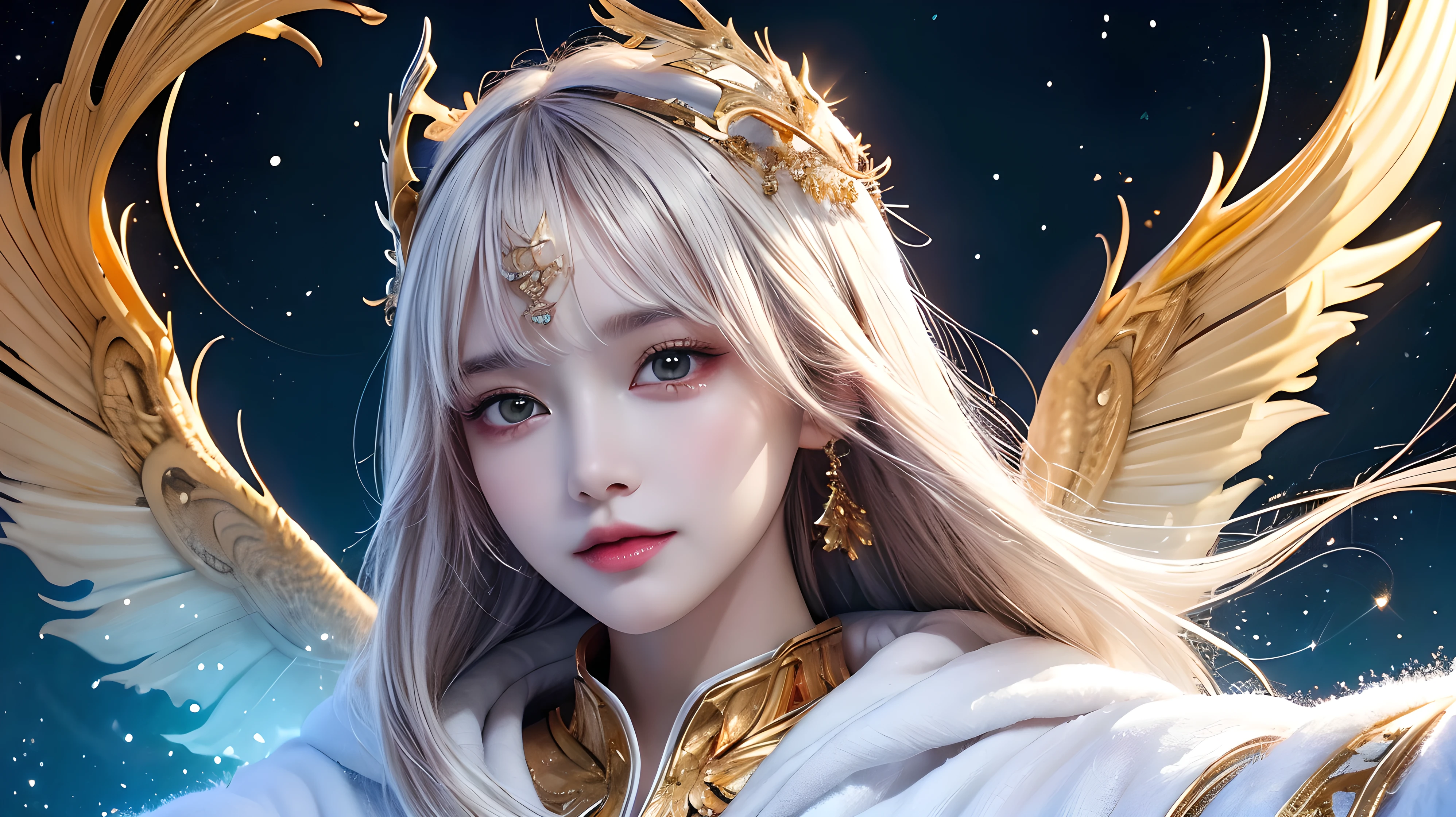 (masterpiece, Highest quality, Highest quality, Official Art, beautifully、aesthetic:1.2), (One person), Highly detailed eyes, (Fractal Art:1.3), colorful, Most detailed, (Perfect Face), Glowing Skin, High resolution, (White cloak, golden lines:1.2), Milky Way, (Streaks of Light), Impressive visuals, (Dynamic stripes, Light trail:1.2), Vibrant colors, (Phoenix), (Dragon)