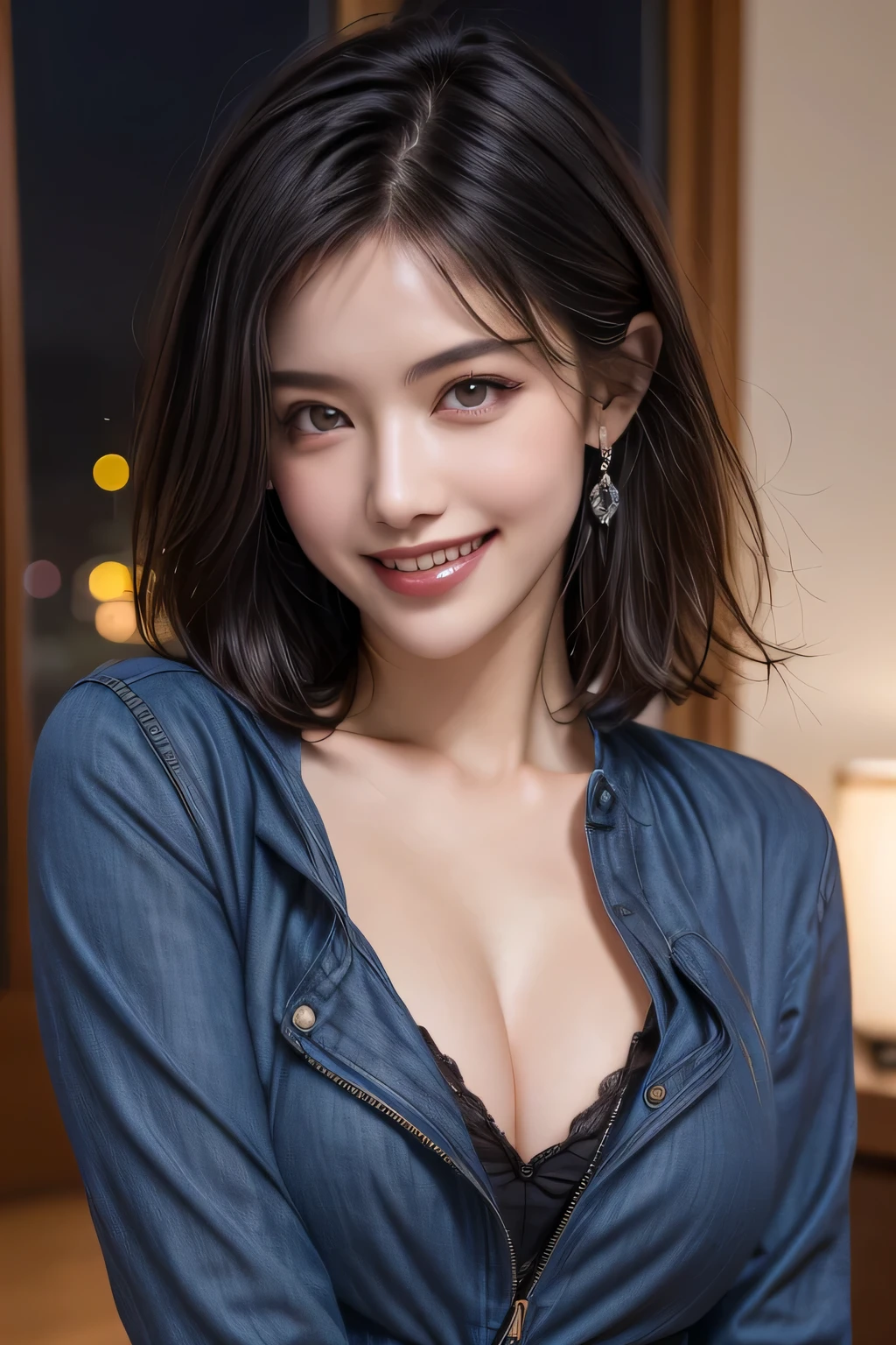 (highest quality, 8k, 32K, masterpiece), (Realistic), (Realistic:1.2), (High resolution), (night:1.7), Japan, cyber punk, 街の景Farbe, In front of the window,Wooden floor, Blue jacket, Grey Shirt, clavicle, jewelry, gem, Brunette Bob, 1 female, 4, (Grin), Beautiful body, beautifulNose, beautifulcharacter design, Perfect Eyes, perfectface, Expressive eyes, View your viewers, Center the image, (Cowboy Shot), Official Art, Very detailed CG Unity 8k wallpaper, Perfect lighting,Farbeful, bright_front_face_Lighting,Glowing Skin, (masterpiece:1.0),(Highest_quality:1.0), 超High resolution,4K,Very detailed, photograph, 8k, High resolution, High resolution, absurdes:1.2, Kodak Port 400, Film Grain, Blurred Background, bokeh:1.2, Lens flare, (Vibrant_Farbe:1.2) (beautiful,chest), (beautiful_face:1.5),(narrow_Waist)